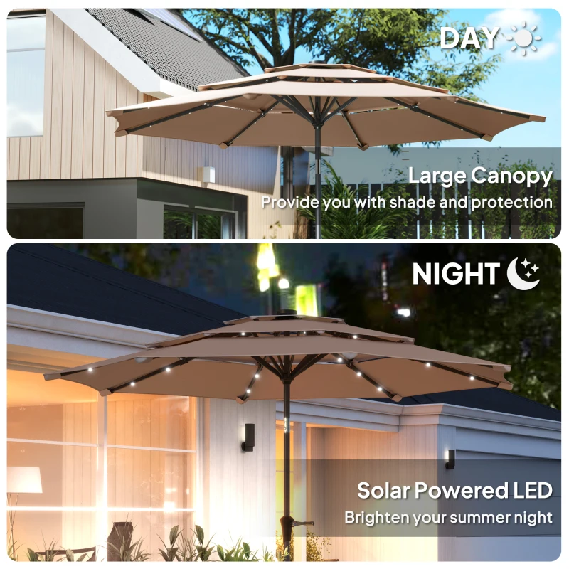 Outsunny 3-Tier Garden Parasol with Solar LED Lights, UPF 30+, Tilt Mechanism & Crank Handle, for Market Terrace, Khaki