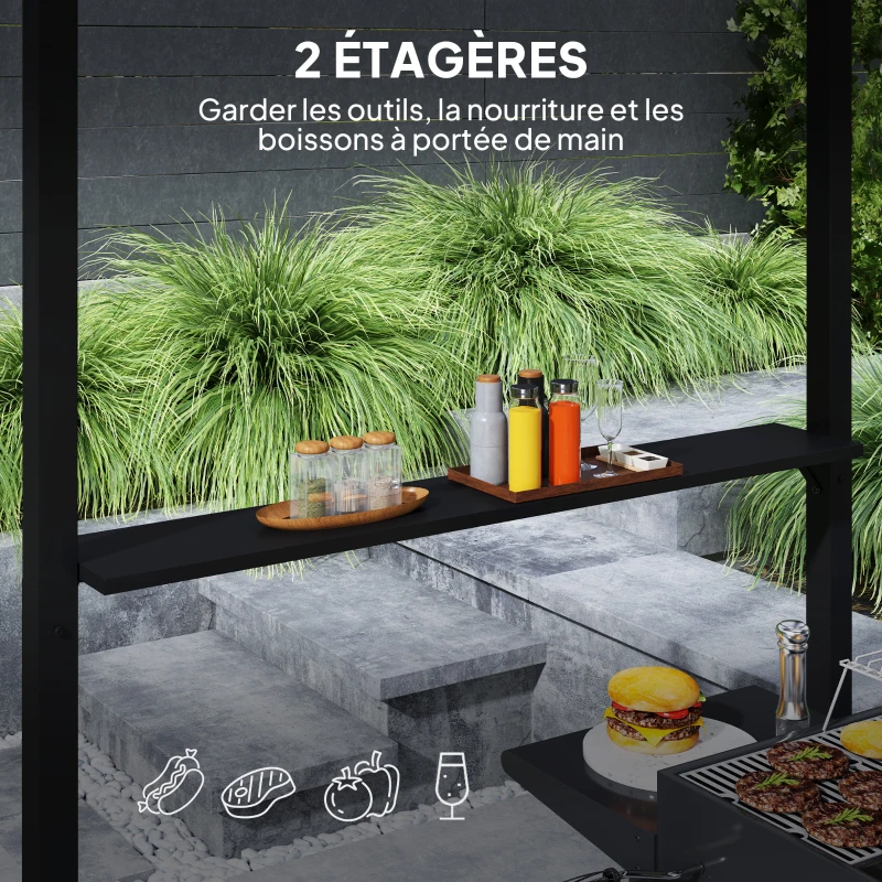 Outsunny Tonnelle de barbecue abri barbecue à double-toit rigide avec 2 étagères et crochet supérieur, 244x184x258cm, noir