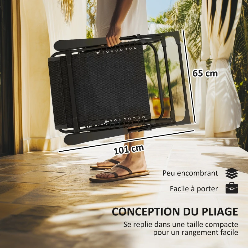 Outsunny Lot de 2 bain de soleil, chaise longue pliante inclinable avec appuie-tête en textilène, 90 x 65 x 112 cm, noir