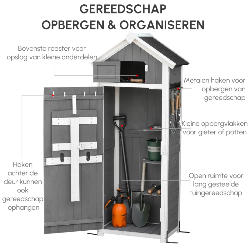 Outsunny Houten Tuinhuis, Grote, Functuele & Stijlvolle Tuinhouten Kast in Grijs Vurenhout 78x52.5x182cm(m-7)