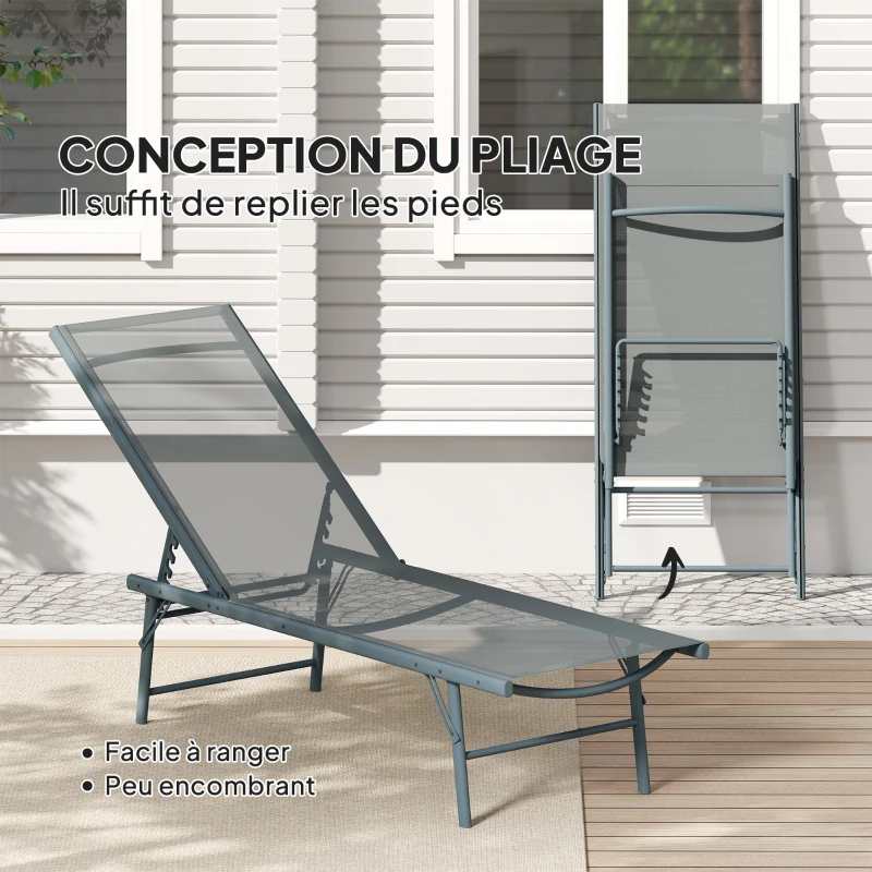 Outsunny Lot de 2 bain de soleil chaise longue pliante textilène transat jardin extérieur inclinable 54 x 164 x 84 cm gris clair