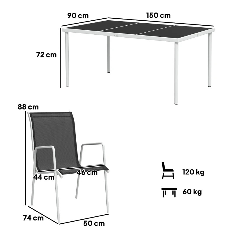 Outsunny Set da Giardino con Tavolo in Vetro e 6 Sedie Impilabili in Acciaio e Textilene, Nero