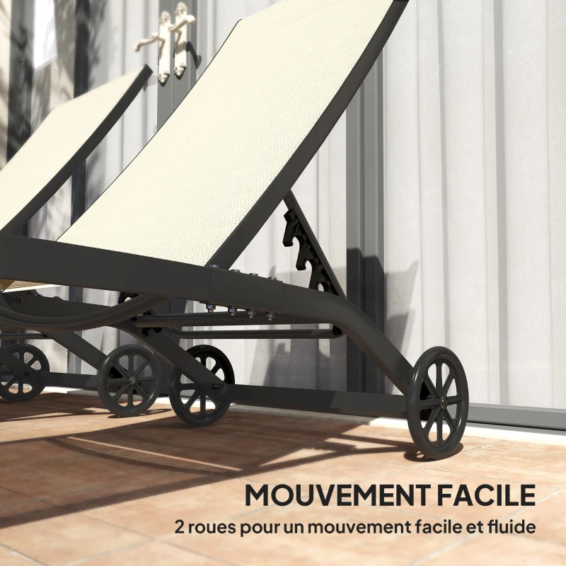 Outsunny Lot de 2 bains de soleil en aluminium et textilène avec roulettes dossier inclinable charge max. 150 Kg kaki