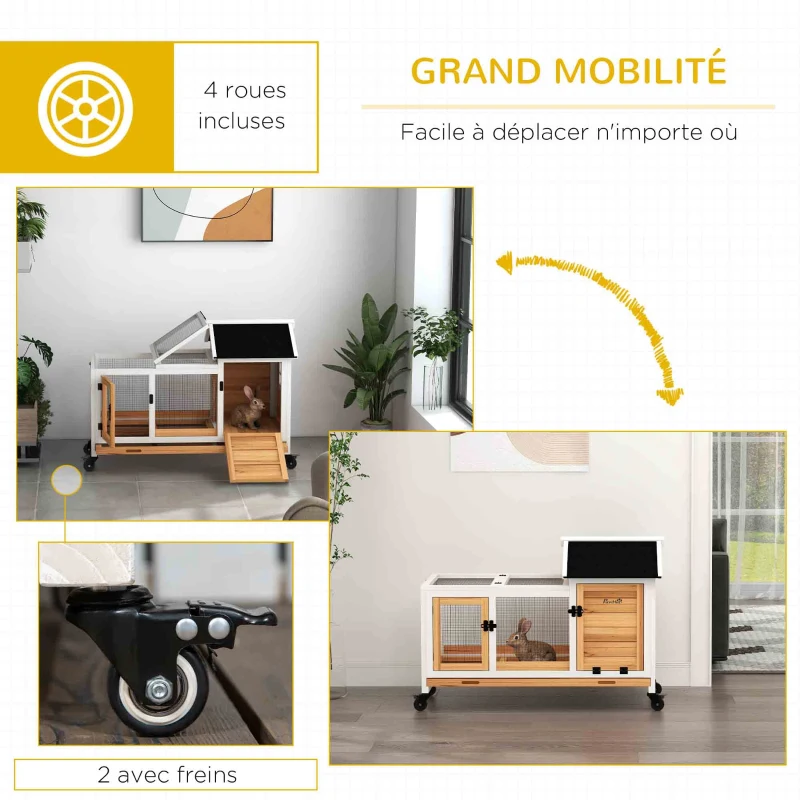PawHut Clapier cage à lapins rongeurs sur roulettes 2 portes verrouillables - 108 x 58 x 73,5 cm bois massif jaune