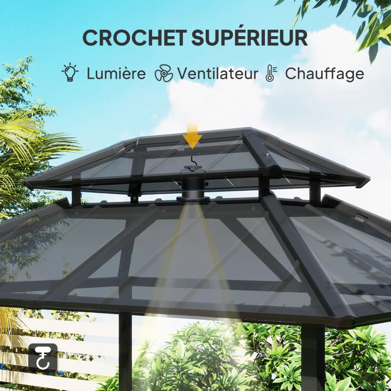 Outsunny Tonnelle de barbecue abri barbecue à double-toit rigide avec 2 étagères et crochet supérieur, 244x184x258cm, noir