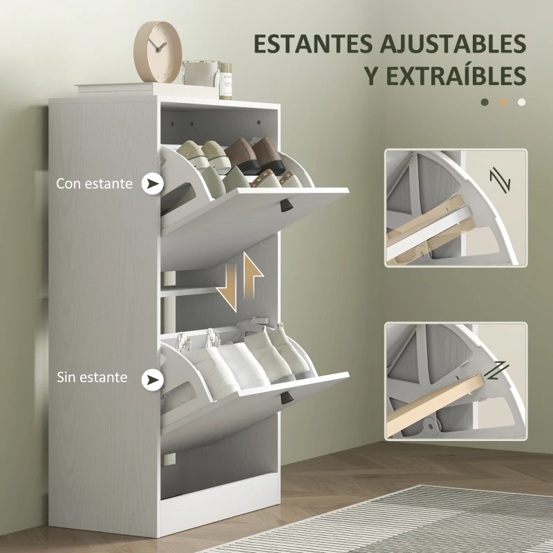 HOMCOM Zapatero con 2 Cajones Abatibles Estantes Ajustables para Pasillos y Espacios Pequeños 47x26x85 cm Blanco Veteado