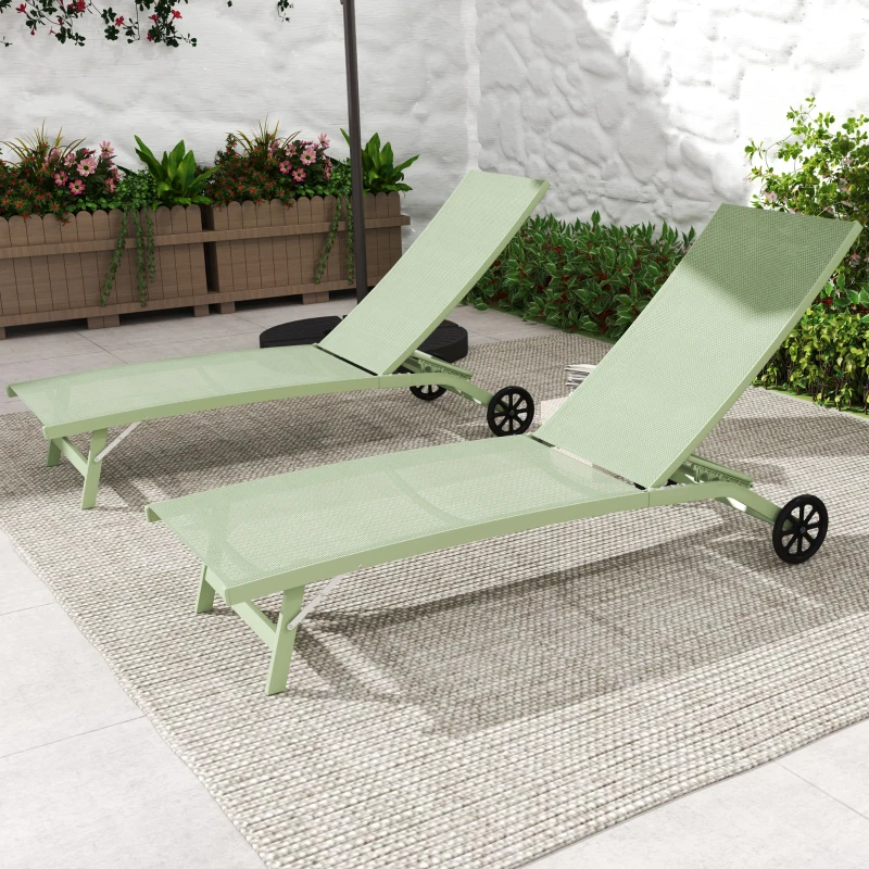 Outsunny Lot de 2 bains de soleil en aluminium et textilène avec roulettes dossier inclinable charge max. 150 Kg vert foncé