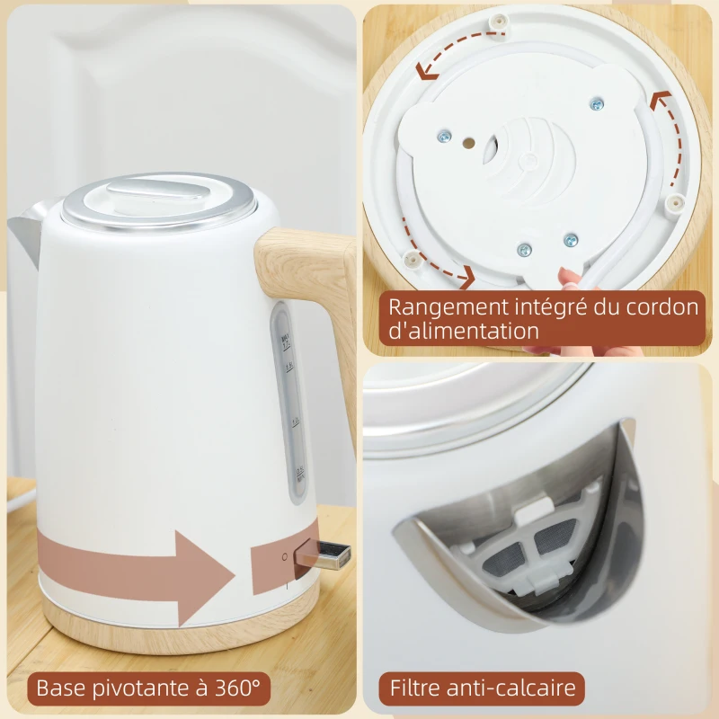 HOMCOM Ensemble bouilloire et grille-pain, 1,7L, 2200W, grille-pain 2 tranches avec 7 niveaux de brunissage, blanc