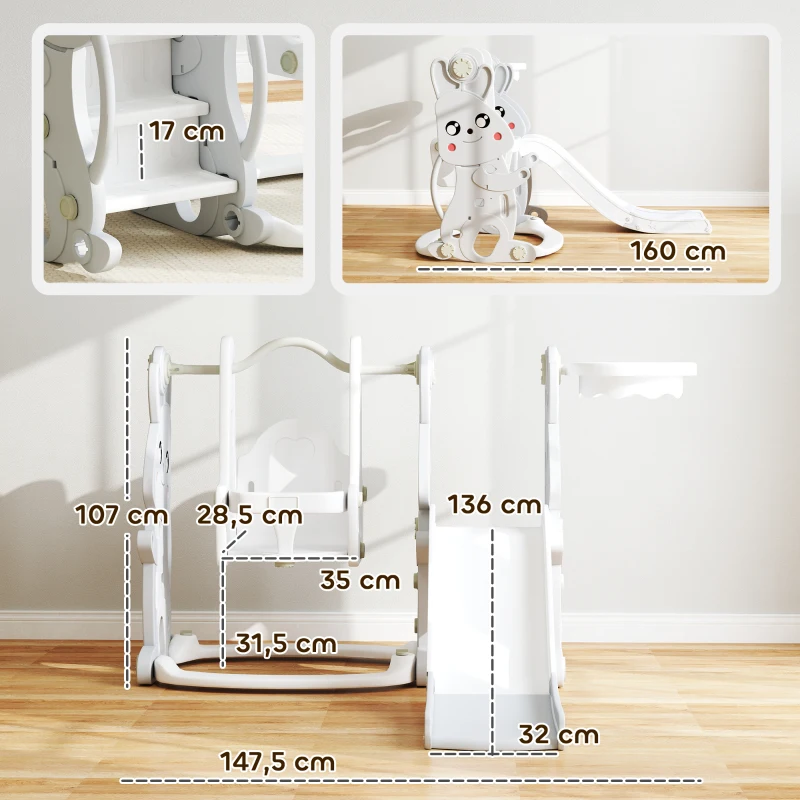 AIYAPLAY Tobogán Infantil con Columpio con Barandilla y Canasta 4 en 1 para Niños de +18 Meses 147,5x160x107 cm Gris