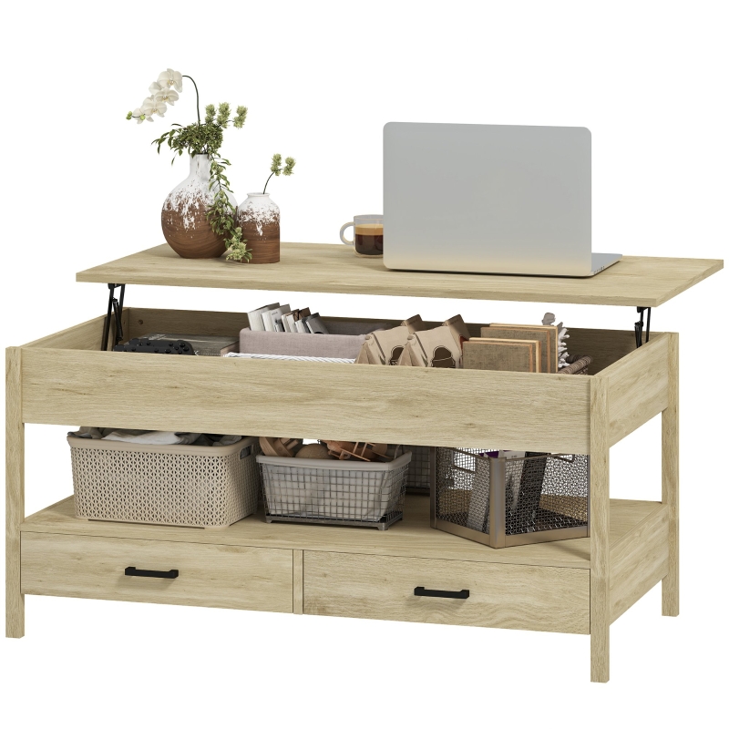 HOMCOM Table Basse relevable 2 niches et Coffre en Bois chêne pas cher