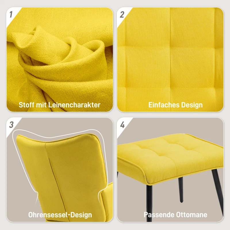 HOMCOM Schaukelstuhl mit Ottomane Skandidesign Schaukelstuhl mit Fußhocker, Buchenholz, Steppung, 64 cm x 89 cm x 90 cm Gelb