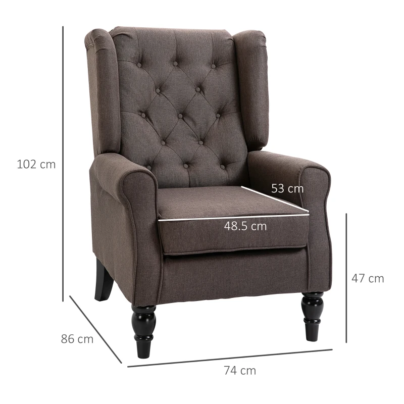 HOMCOM Retro Accent Chair, Wingback Armchair with Wood Frame Button Tufted Design for Living Room Bedroom, Brown