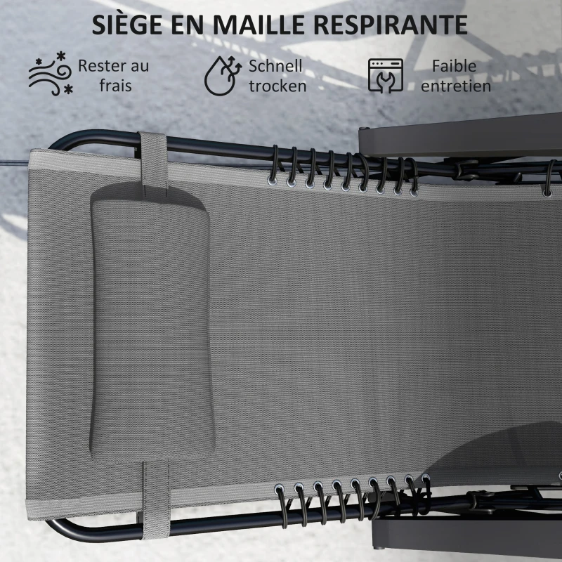 Outsunny Lot de 2 bain de soleil, chaise longue pliante inclinable avec appuie-tête en textilène, 90 x 65 x 112 cm, gris