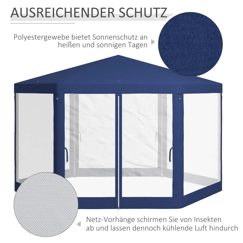 Outsunny Gartenpavillon, 6-eckig, Netzvorhänge, Metallgestell, 3,94x3,412x2,5m, Blau(m-4)