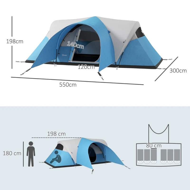 Outsunny Campingtent voor 5-6 Pers., Familietent, Waterdicht, met Voortent, 550L x 300B x 198Hcm, Blauw
