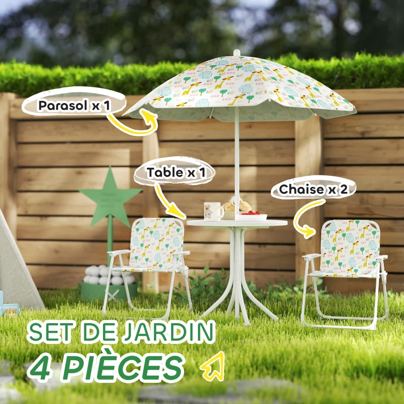 AIYAPLAY Ensemble salon de jardin extérieur enfant 4 pièces, motif éléphant et girafe, parasol réglable Ø 100 cm, chaise pliable