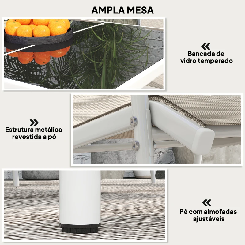 Outsunny Conjunto de Refeição 7 Peças com Mesa de Vidro Temperado e 6 Cadeiras Empilháveis com Apoio para os Braços Cinza
