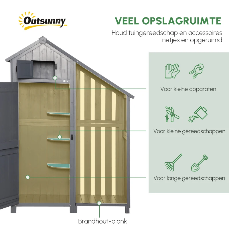 Outsunny tuinhuis gereedschapshuis gereedschapsschuur met opslagruimte voor brandhout gereedschapsschuur met 3 planken, grijs,130 x 54,5 x 180 cm