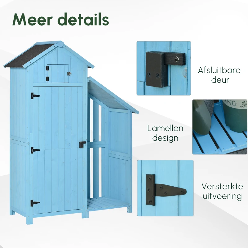 Outsunny tuinhuis gereedschapshuis gereedschapsschuur met opslagruimte voor brandhout gereedschapsschuur met 3 planken asfalt dak dennenhout hemelsblauw 130 x 54,5 x 180 cm