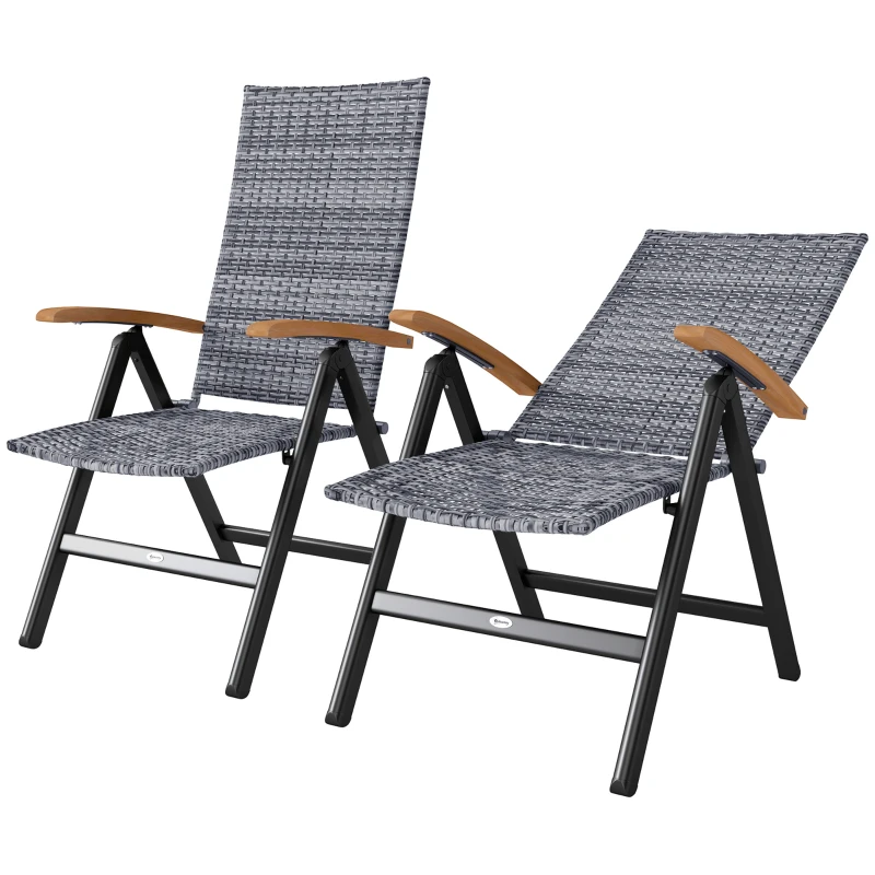Outsunny 2 Pieces Folding Rattan Garden Dining Chairs with 5-level Reclining High Back, Wood Armrests for Outdoor - Light Grey