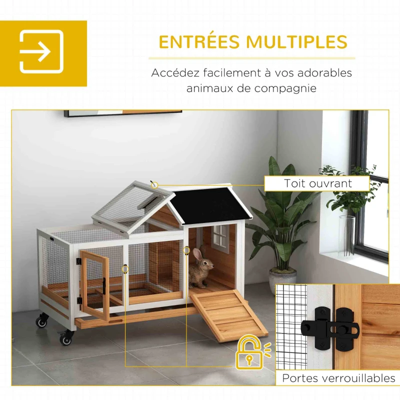 PawHut Clapier cage à lapins rongeurs sur roulettes 2 portes verrouillables - 108 x 58 x 73,5 cm bois massif jaune