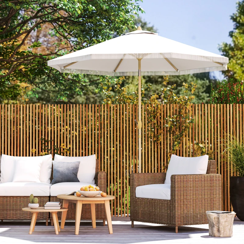 Outsunny Parasol de jardin inclinable parasol avec manivelle à franges style bohème 8 baleines Ø 265 x 244 cm blanc