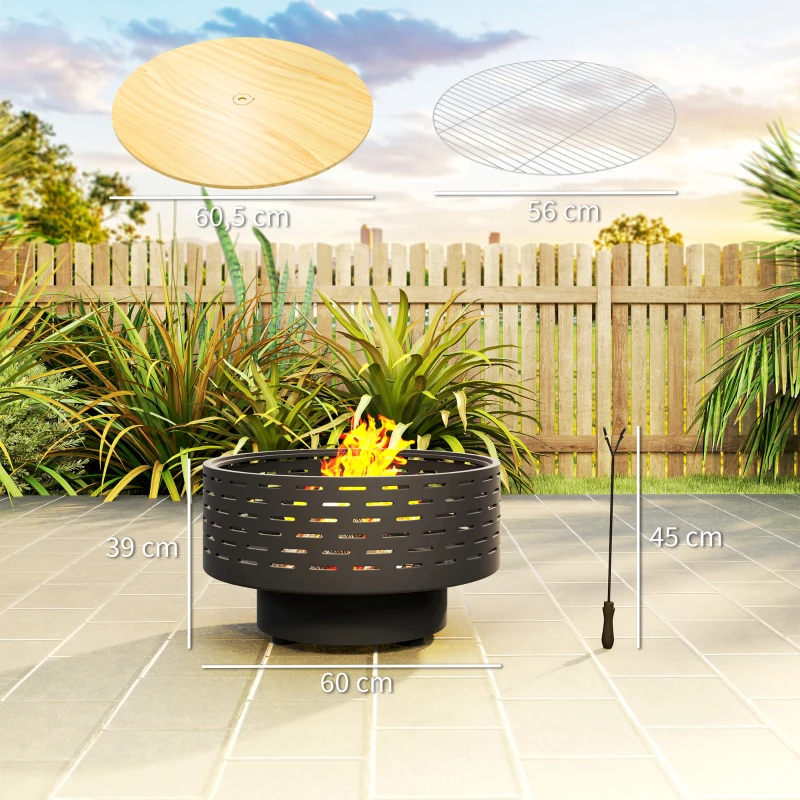 Outsunny 3-in-1 Feuerschale Ø60 x 39cm aus Edelstahl Feuerstelle mit Grillrost Funkenschutz Schürhaken Kohlegrau(m-3)
