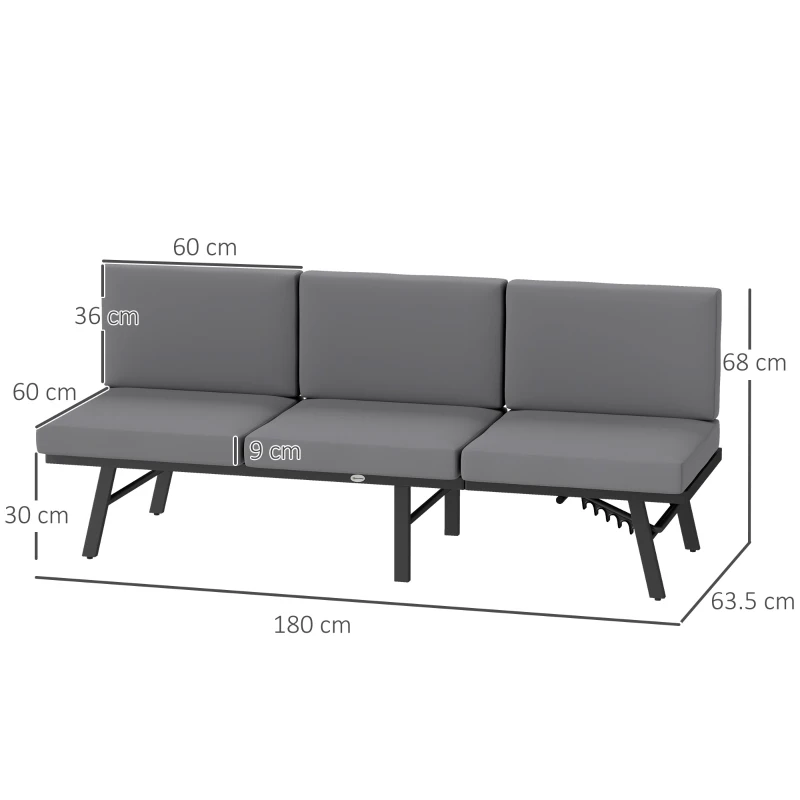 Outsunny Divano da Giardino 3 in 1 Reclinabile su 5 Posizioni con Cuscini, 180x63.5x68 cm, Grigio