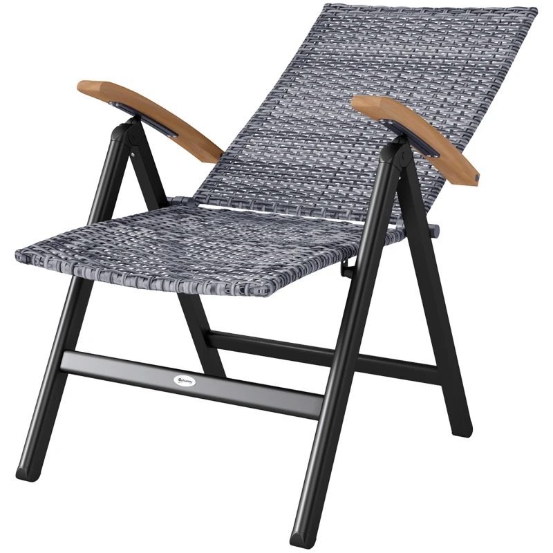 Outsunny Folding Rattan Garden Dining Chair with 5-level Reclining High Back, Wood Armrests for Outdoor, Patio - Light Grey