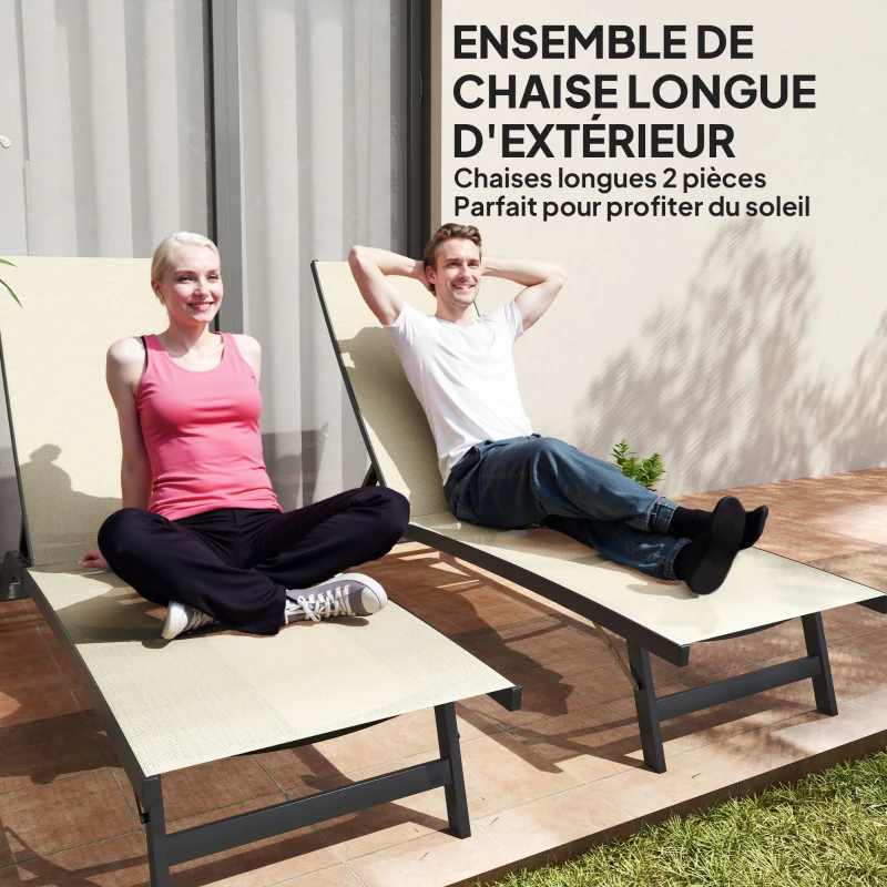 Outsunny Lot de 2 bains de soleil en aluminium et textilène avec roulettes dossier inclinable charge max. 150 Kg kaki
