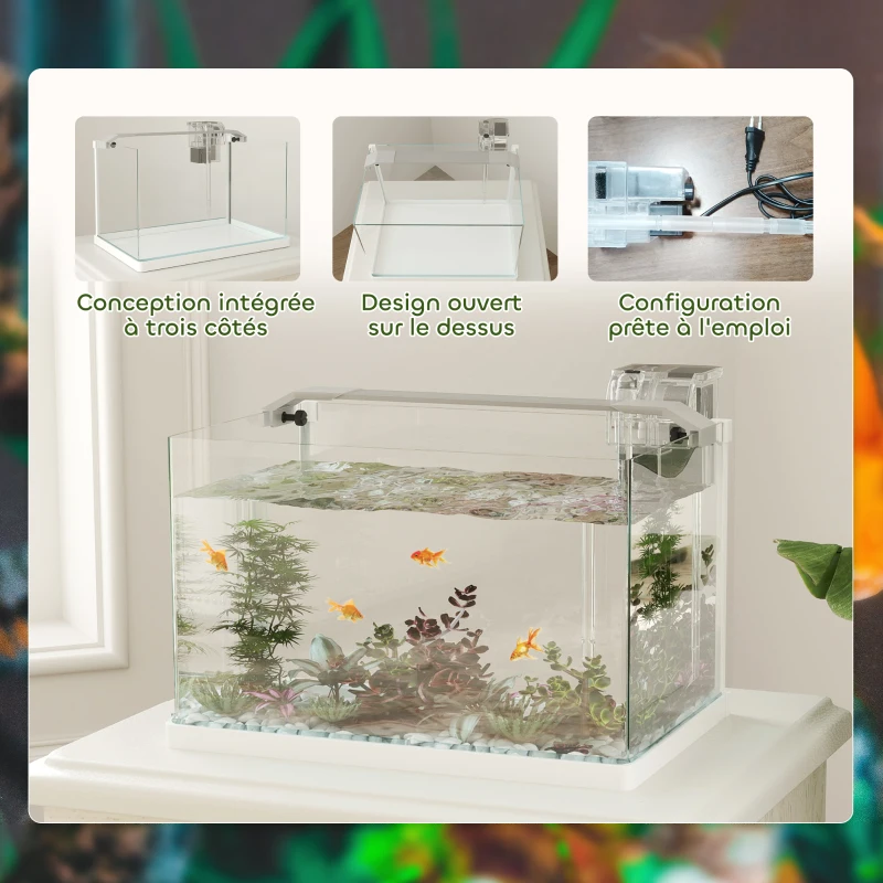 PawHut Aquarium en verre avec lumières LED aquarium de 20L pompe à filtre 38 x 26 x 27 cm blanc