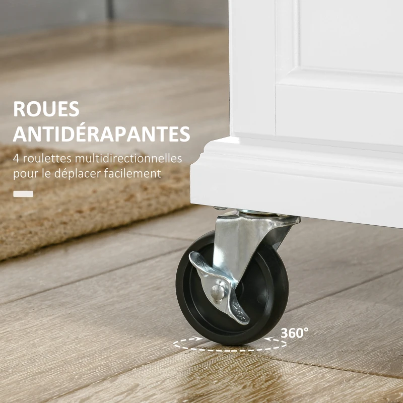 HOMCOM Dessert cuisine à roulettes îlot central cuisine avec plateau en acier, étagère réglable, tiroir, porte-épices, blanc