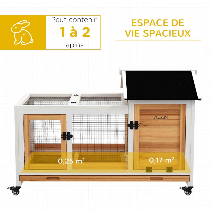 PawHut Clapier cage à lapins rongeurs sur roulettes 2 portes verrouillables - 108 x 58 x 73,5 cm bois massif jaune