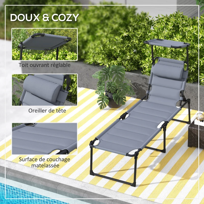 Outsunny Bain de soleil chaise longue pliante avec pare-soleil, appuie-tête inclinable en tissu Oxford 70 x 200 x 45 cm gris