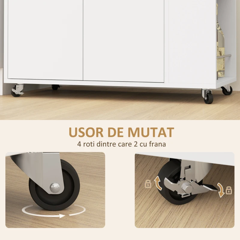 HOMCOM Cărucior de Bucătărie cu Raft Deschis, Dulăpior cu 2 Uși și Raft Lateral pe 2 Niveluri, 75x40x80,5 cm, Alb
