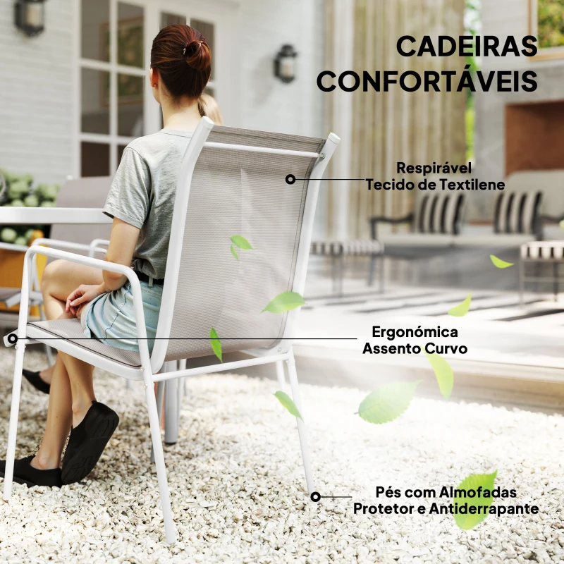 Outsunny Conjunto de Refeição 7 Peças com Mesa de Vidro Temperado e 6 Cadeiras Empilháveis com Apoio para os Braços Cinza