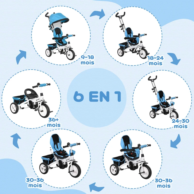 HOMCOM Tricycle 6 en 1 pour enfants, auvent, ceinture de sécurité 5 points, rangement, repose-pieds, frein, 1-5 ans, bleu