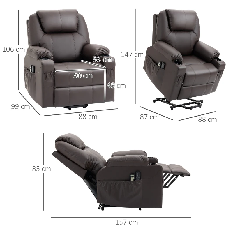 HOMCOM Massagesessel mit Aufstehhilfe, Liegefunktion, Kunstleder, bis 150 kg, 88 x 99 x 106 cm, Braun(m-3)