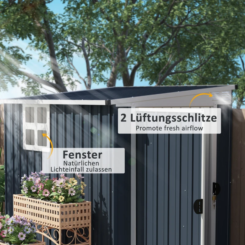 Outsunny Tuinopslagschuur, Gereedschapsschuur voor Tuingereedschap, met Venster, Ventilatieopeningen, Afsluitbaar, Staal, Donkergrijs(m-4)