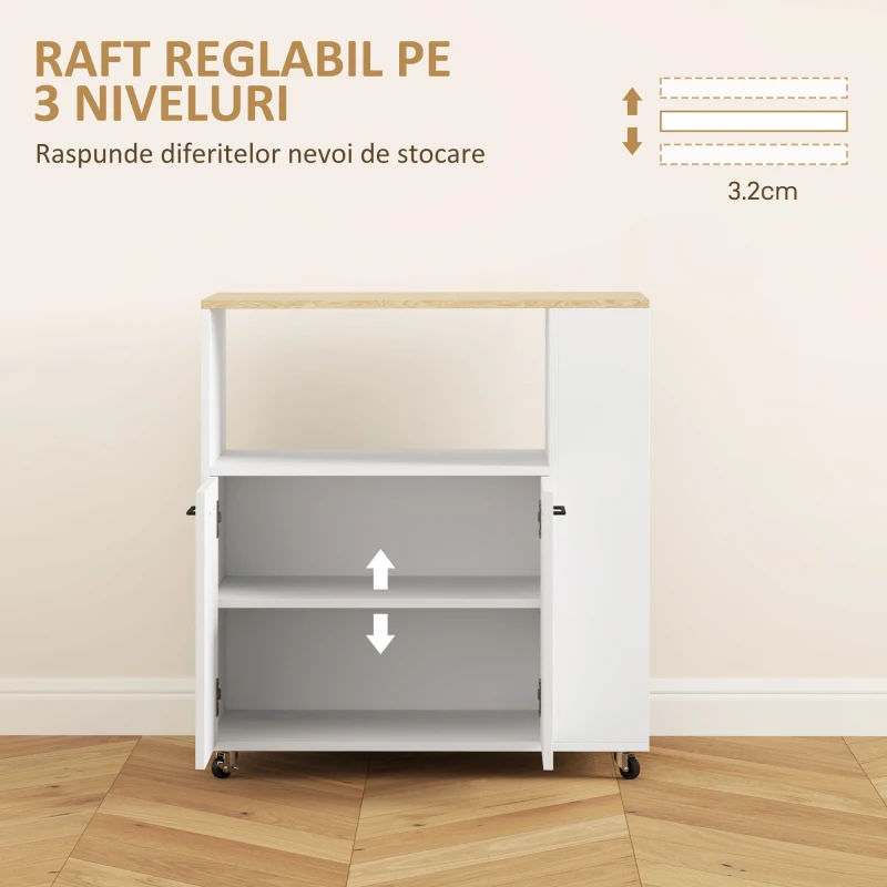 HOMCOM Cărucior de Bucătărie cu Raft Deschis, Dulăpior cu 2 Uși și Raft Lateral pe 2 Niveluri, 75x40x80,5 cm, Alb