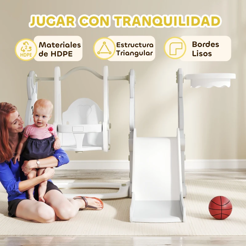 AIYAPLAY Tobogán Infantil con Columpio con Barandilla y Canasta 4 en 1 para Niños de +18 Meses 147,5x160x107 cm Gris