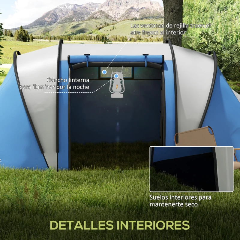 Outsunny Tienda de Camping Familiar para 4-5 Personas con 2 Habitaciones Separadas Puertas y Ventanas 450x220x180 cm Azul