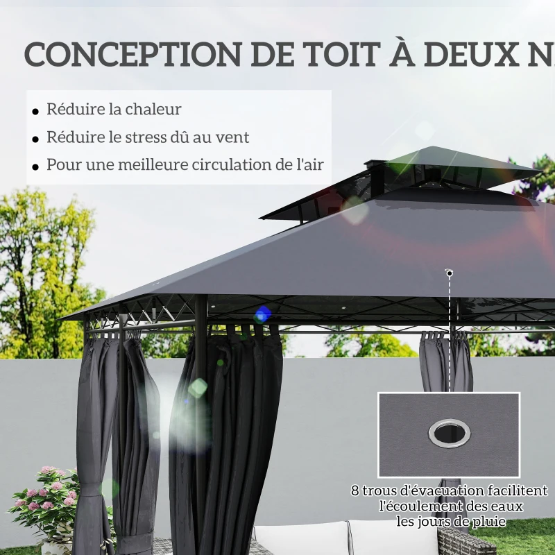 Outsunny Tonnelle de jardin extérieur barnum 3 x 4 m avec moustiquaire et lumières LED solaire, double toit, gris