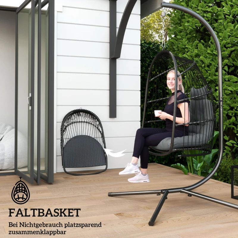 Outsunny Hangstoel Hangkorf met Kussen van Polyrattan, Schommel voor Binnen en Buiten, inklapbaar, belastbaar tot 150kg - Donkergrijs