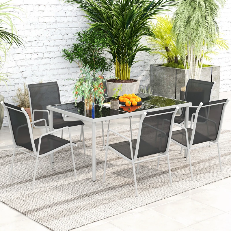 Outsunny Set da Giardino con Tavolo in Vetro e 6 Sedie Impilabili in Acciaio e Textilene, Nero