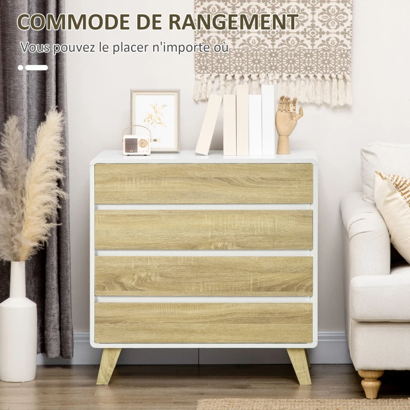 HOMCOM Commode 4 tiroirs design scandinave pour couloir chambre salon salle de bain 80 x 40 x 79,5 cm blanc et aspect bois