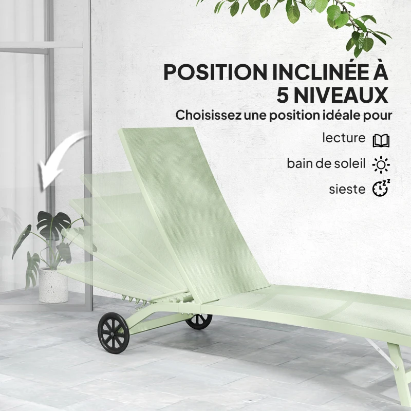 Outsunny Lot de 2 bains de soleil en aluminium et textilène avec roulettes dossier inclinable charge max. 150 Kg vert foncé