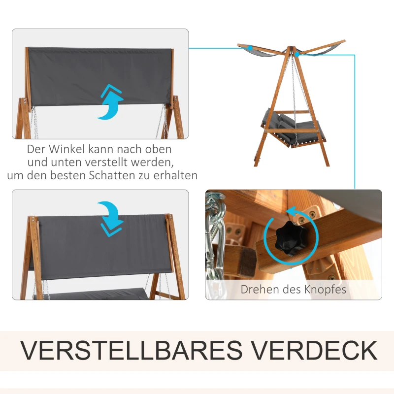 Outsunny Hollywoodschaukel mit Bettfunktion 3-Sitzer Gartenschaukel Holzschaukel mit verstellbarem Sonnendach Schaukelbank belast 250kg Gartenliege für Terrasse, 225,5 x 113 x 180 cm Grau+Teak