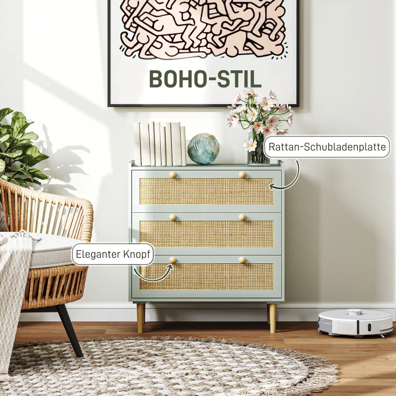HOMCOM Schlafzimmer-Kommode mit 3 Schubladen, Rattan-Fronten, Kleiderkommode für Flur, Eingangsbereich, MDF, Grün(m-5)