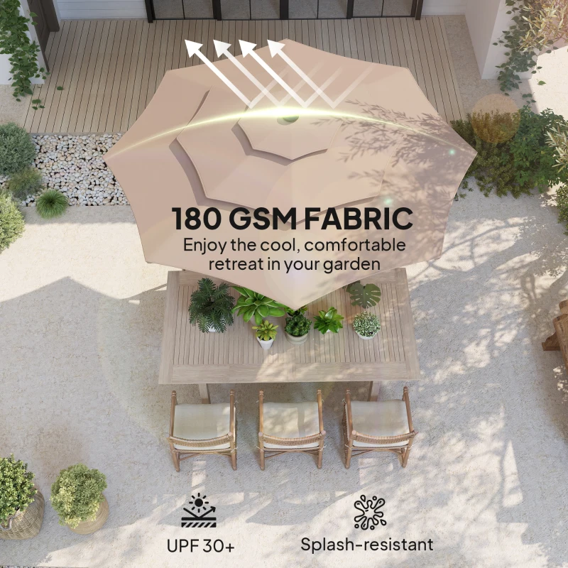 Outsunny 3-Tier Garden Parasol with Solar LED Lights, UPF 30+, Tilt Mechanism & Crank Handle, for Market Terrace, Khaki